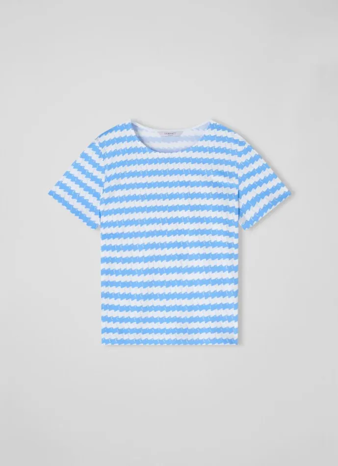 Women Tops LKBennett Calder Blue And White Wavy Stripe Organic Cotton TShirt White Provence