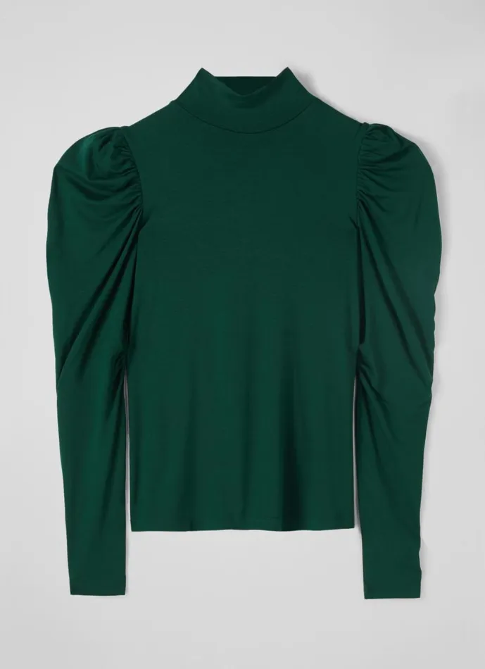 Women Tops LKBennett Cora Green Jersey Puff Sleeve Turtle Neck Top Forest