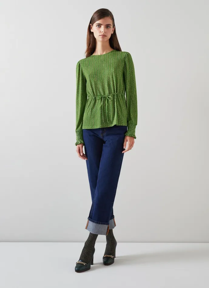 Women Tops LKBennett Ellie Green Chain Print Drawstring Top Green