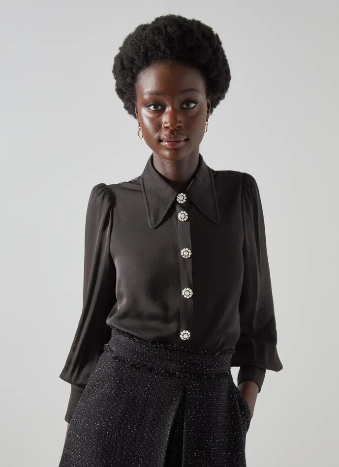 Women Tops LKBennett Sonya Black Crepe Crystal Button Blouse Black