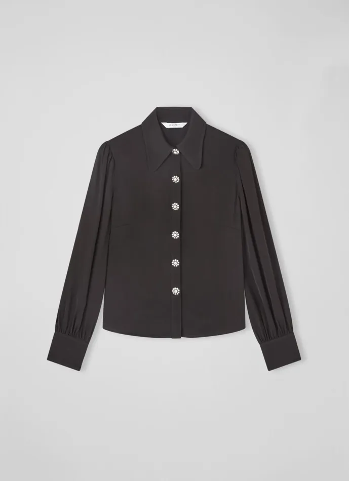 Women Tops LKBennett Sonya Black Crepe Crystal Button Blouse Black