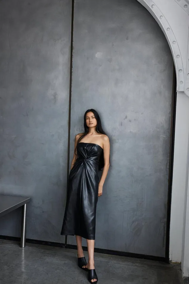 Women Vegan Leather Strapless Mckenna Dress Black Cinq Sept Midi