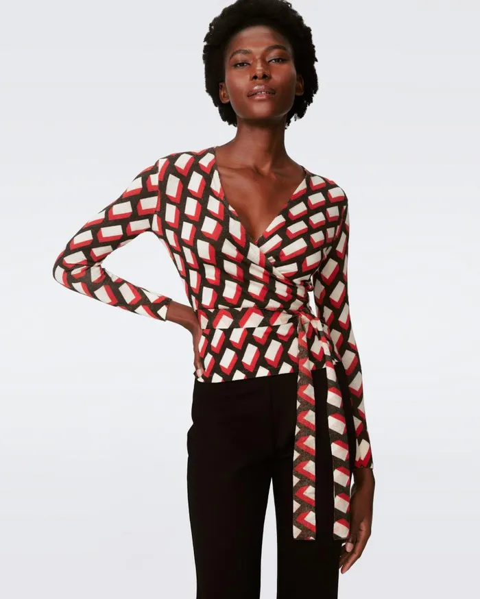 Women Vincente Wool Wrap Top Blocks Red DVF Tops