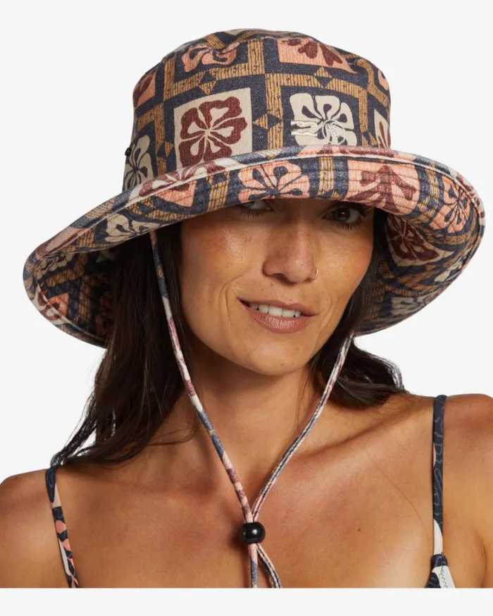Womens Corals Wide Brim Bucket Hat Black Multi Billabong Hats and Beanies