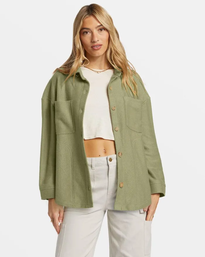 Womens Everytime Oversized Shacket Avocado Billabong Tops