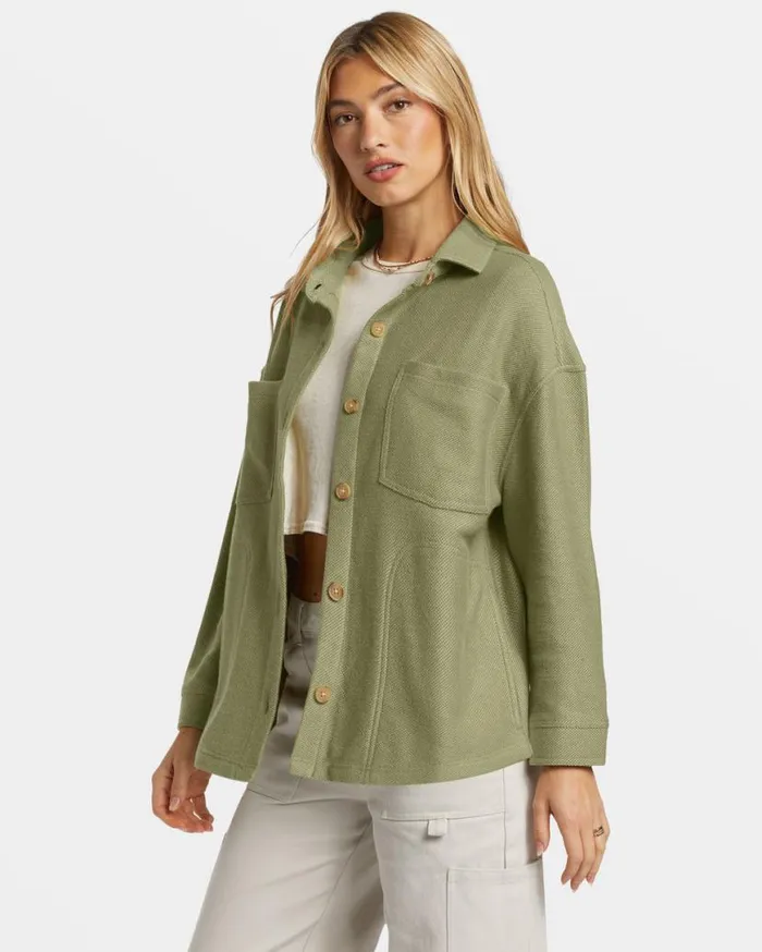 Womens Everytime Oversized Shacket Avocado Billabong Tops Womens Everytime Oversized Shacket Avocado Billabong Tops