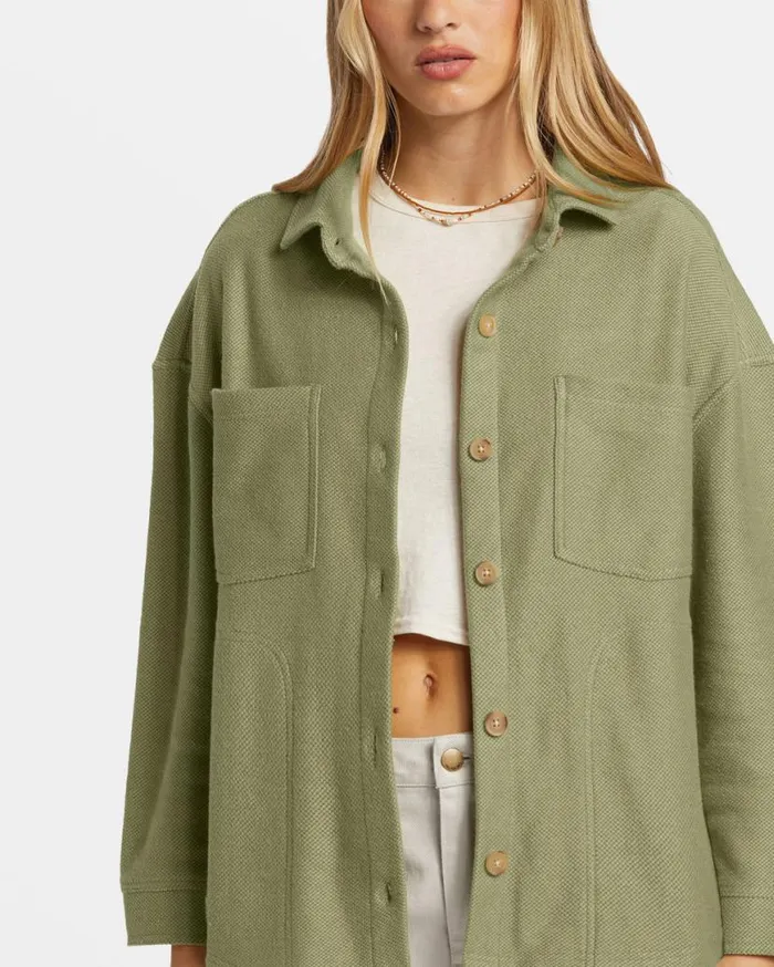 Womens Everytime Oversized Shacket Avocado Billabong Tops Womens Everytime Oversized Shacket Avocado Billabong Tops