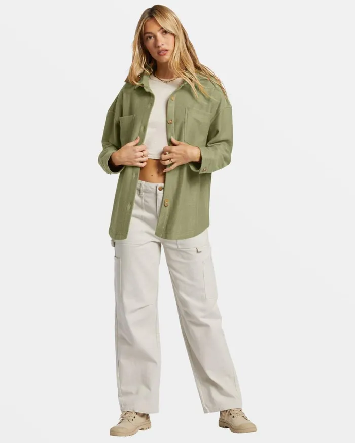 Womens Everytime Oversized Shacket Avocado Billabong Tops Womens Everytime Oversized Shacket Avocado Billabong Tops