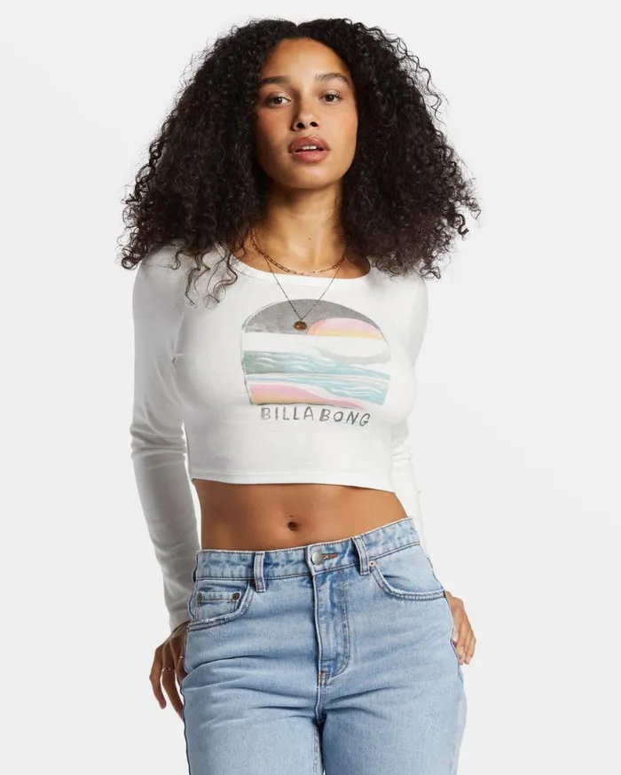 Womens Find Your Coast Long Sleeve Cropped Tshirt Salt Crystal Billabong Tops