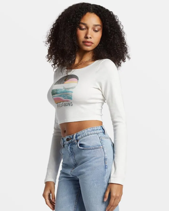 Womens Find Your Coast Long Sleeve Cropped Tshirt Salt Crystal Billabong Tops Womens Find Your Coast Long Sleeve Cropped Tshirt Salt Crystal Billabong Tops