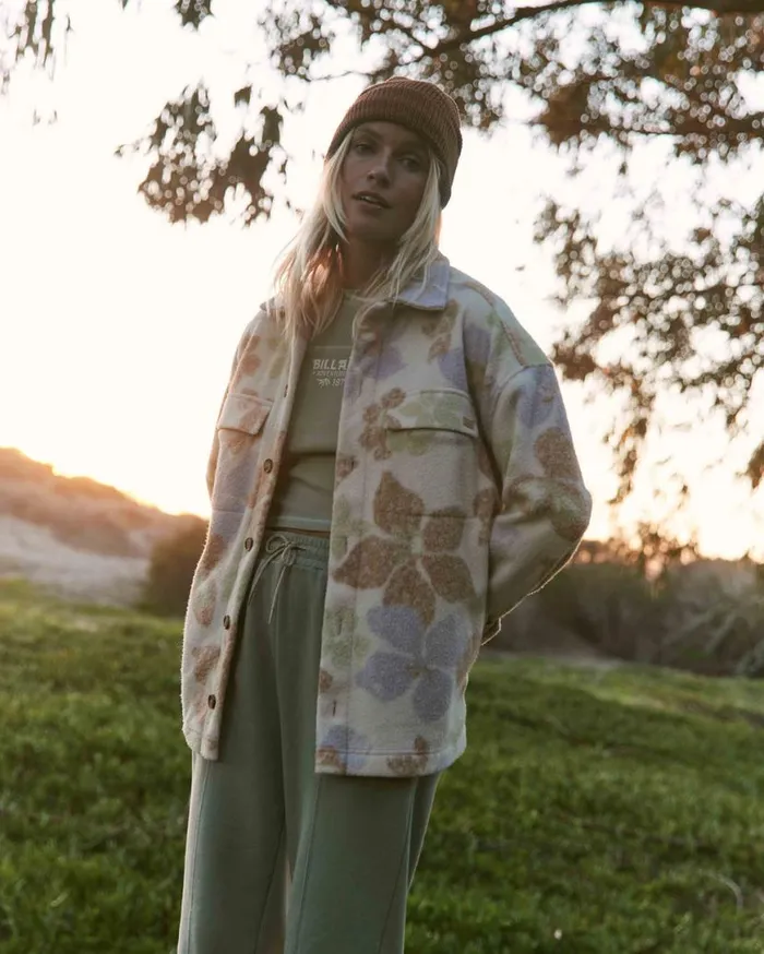 Womens Happy Camper Shacket Button Sweater Summer Rain Billabong Tops