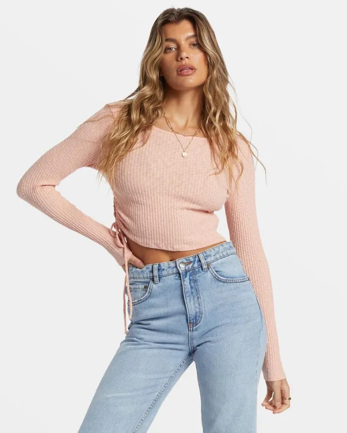 Womens Its A Vibe Long Sleeve Cropped Top Dusty Peach Billabong Tops