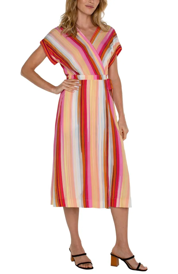 Womens Liverpool Los Angeles Dresses DOLMAN WRAP FRONT MIDI DRESS Berry Blossom Multistripe