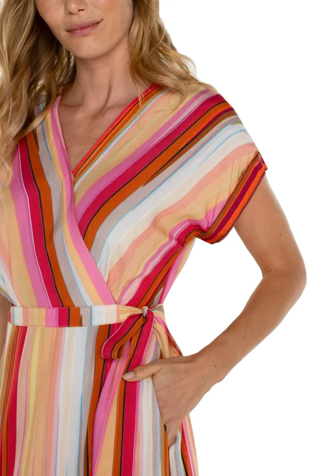 Womens Liverpool Los Angeles Dresses DOLMAN WRAP FRONT MIDI DRESS Berry Blossom Multistripe