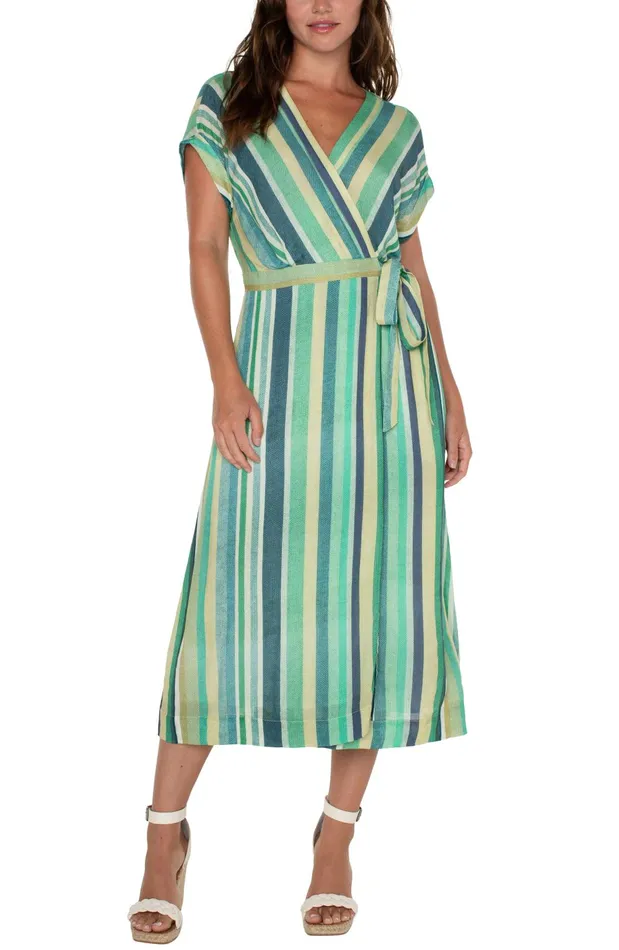 Womens Liverpool Los Angeles Dresses DOLMAN WRAP FRONT MIDI DRESS Teal Multi Stripe