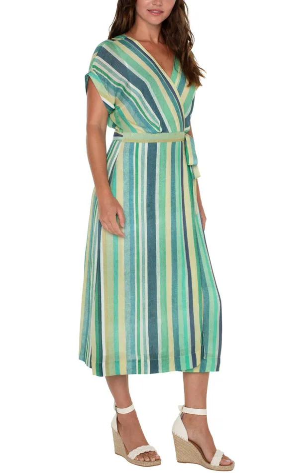 Womens Liverpool Los Angeles Dresses DOLMAN WRAP FRONT MIDI DRESS Teal Multi Stripe