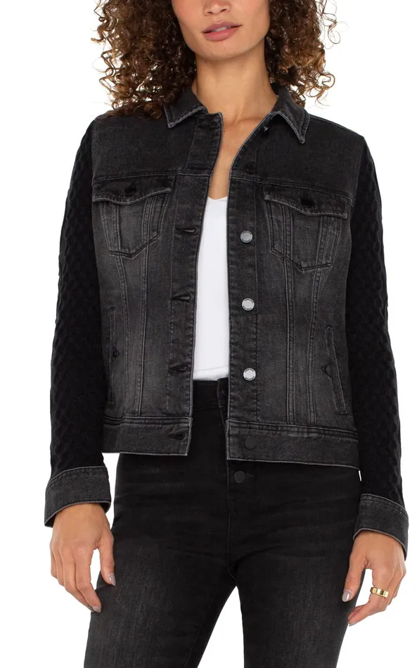 Womens Liverpool Los Angeles Jackets DENIM JACKET WITH SWEATER SLEEVES Arvis Drive Womens Liverpool Los Angeles Jackets DENIM JACKET WITH SWEATER SLEEVES Arvis Drive