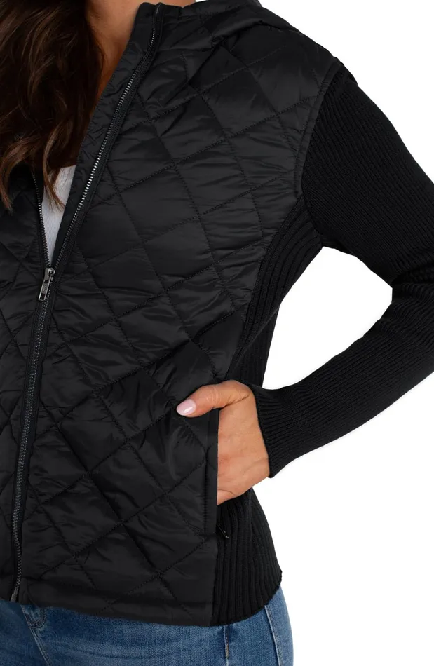 Womens Liverpool Los Angeles Jackets QUILTED FRONT FULL ZIP HOODED SWEATER Black