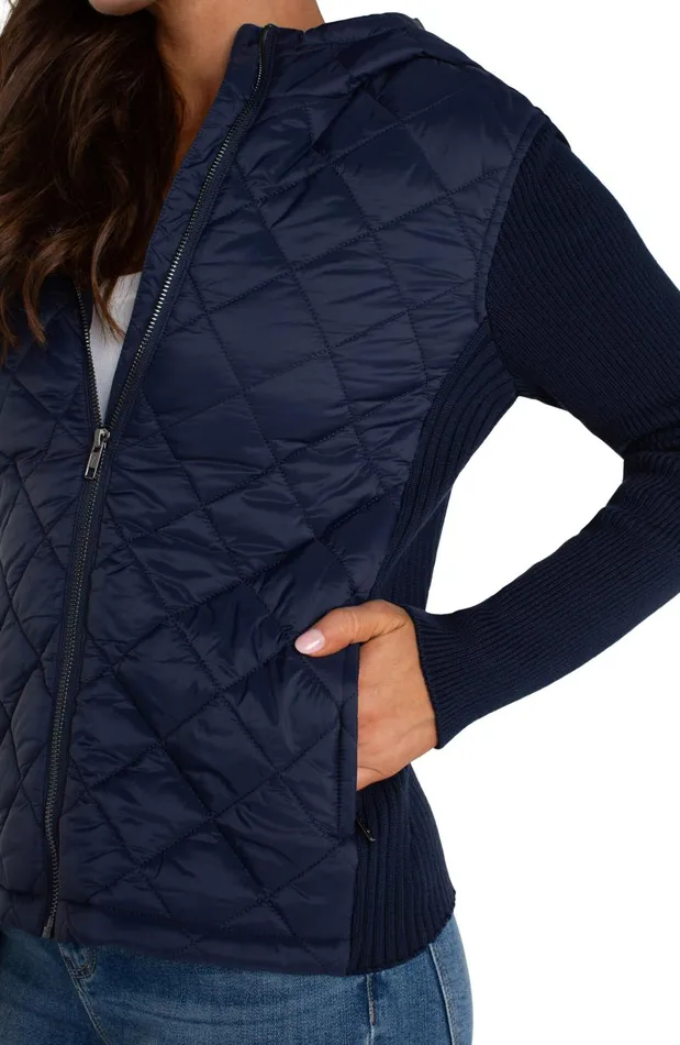 Womens Liverpool Los Angeles Jackets QUILTED FRONT FULL ZIP HOODED SWEATER Dark Navy