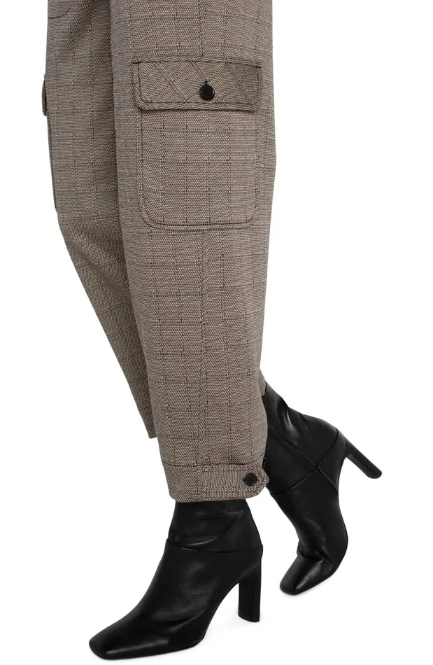 Womens Liverpool Los Angeles Pants UTILITY CARGO CROP WITH TAB HEM Peppercorn Plaid