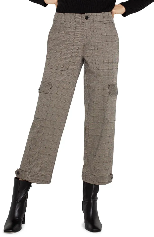 Womens Liverpool Los Angeles Pants UTILITY CARGO CROP WITH TAB HEM Peppercorn Plaid