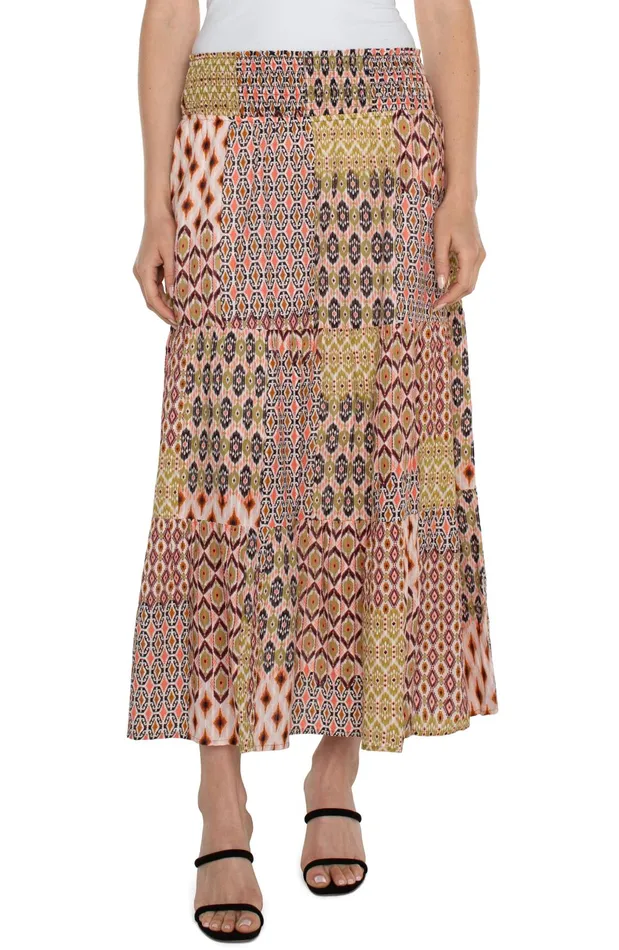 Womens Liverpool Los Angeles Skirts WOVEN MAXI SKIRT WITH SMOCKED WAISTBAND Geo Patchwork