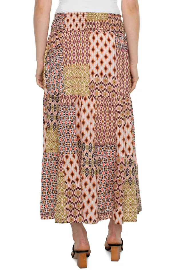 Womens Liverpool Los Angeles Skirts WOVEN MAXI SKIRT WITH SMOCKED WAISTBAND Geo Patchwork