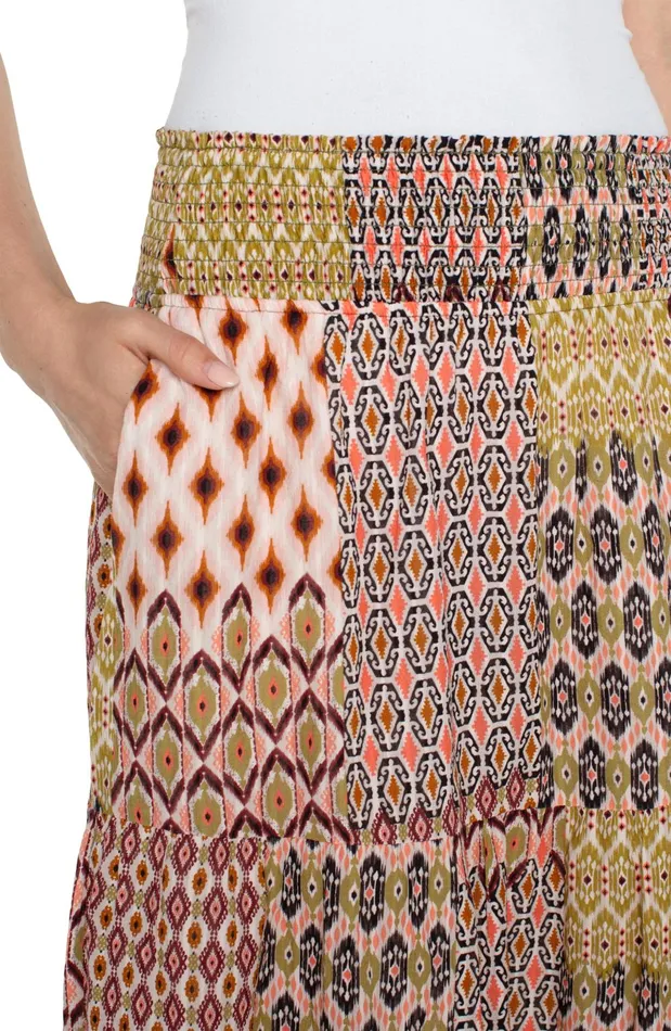 Womens Liverpool Los Angeles Skirts WOVEN MAXI SKIRT WITH SMOCKED WAISTBAND Geo Patchwork