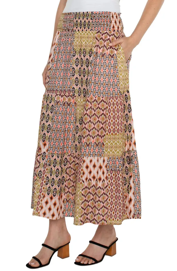 Womens Liverpool Los Angeles Skirts WOVEN MAXI SKIRT WITH SMOCKED WAISTBAND Geo Patchwork