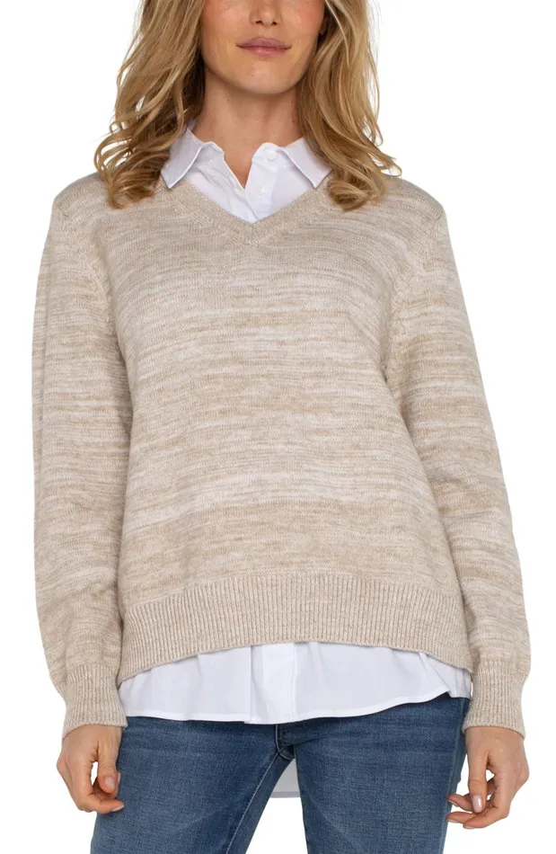 Womens Liverpool Los Angeles Sweaters LONG SLEEVE TWOFER COLLARED SWEATER Light Oatmeal Melange Womens Liverpool Los Angeles Sweaters LONG SLEEVE TWOFER COLLARED SWEATER Light Oatmeal Melange