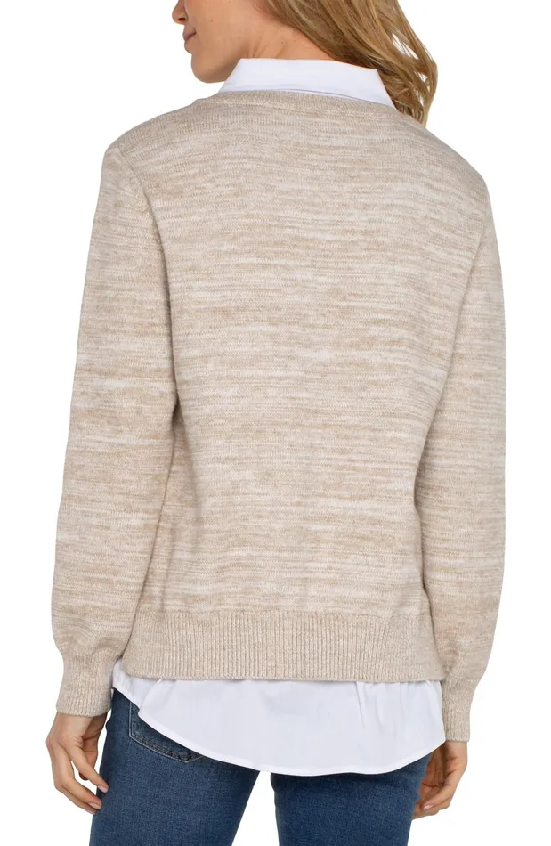 Womens Liverpool Los Angeles Sweaters LONG SLEEVE TWOFER COLLARED SWEATER Light Oatmeal Melange