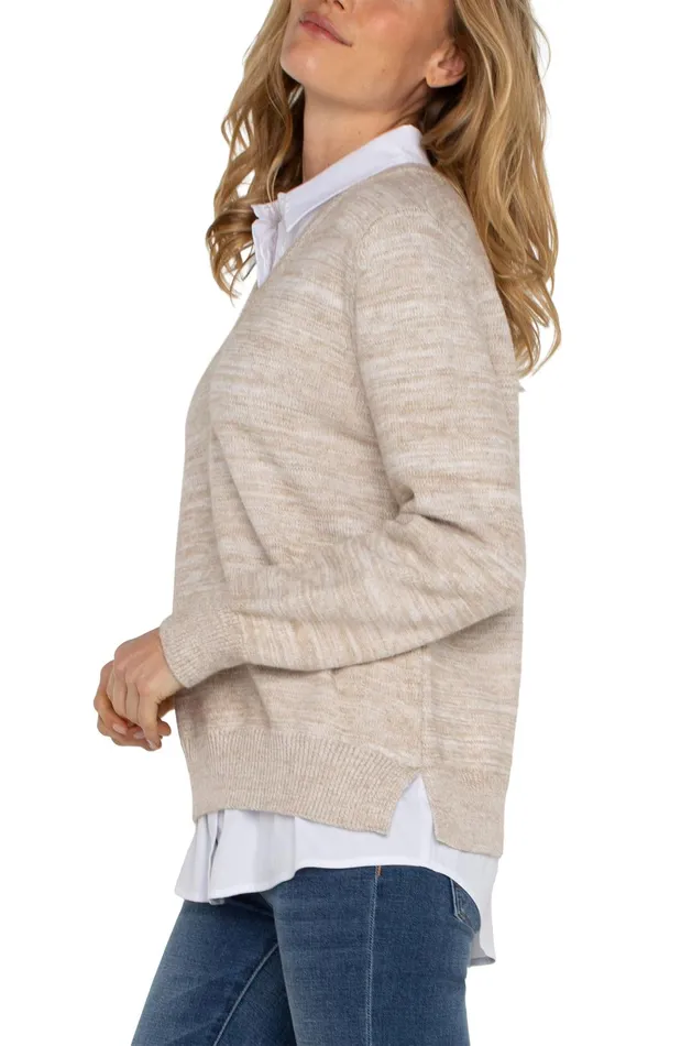 Womens Liverpool Los Angeles Sweaters LONG SLEEVE TWOFER COLLARED SWEATER Light Oatmeal Melange