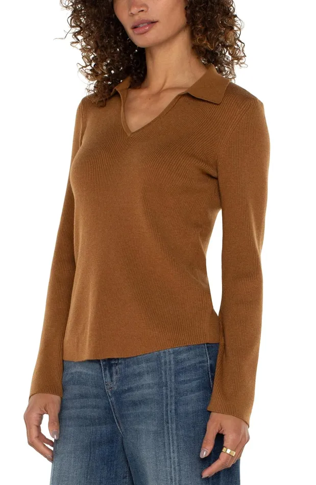 Womens Liverpool Los Angeles Sweaters LONG SLEEVE VNECK COLLARED SWEATER Turmeric