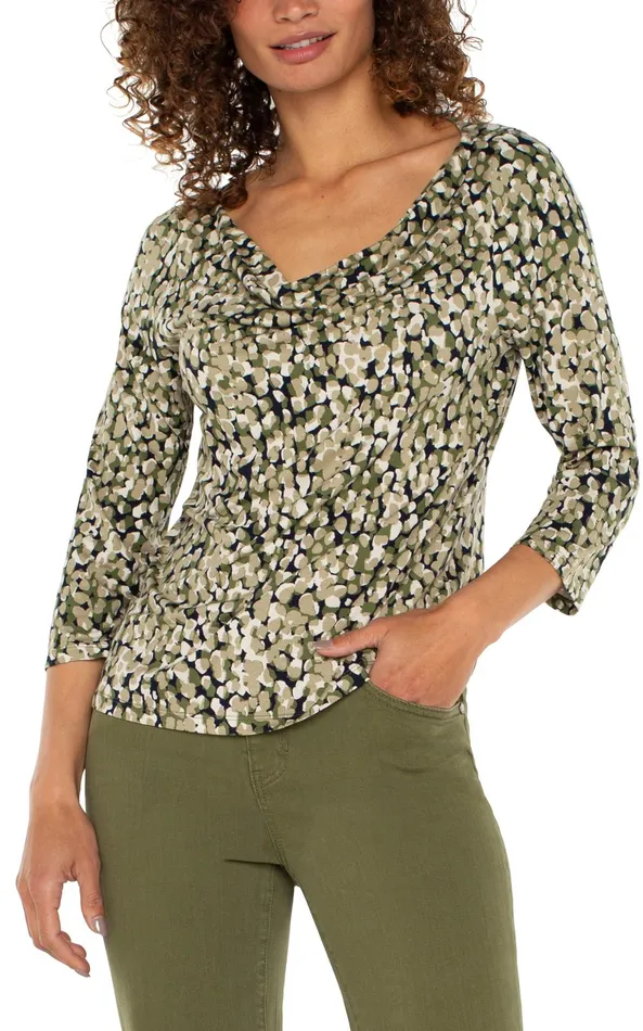 Womens Liverpool Los Angeles Tees 34 SLEEVE DRAPED NECK KNIT TOP Olive Camo Dot Womens Liverpool Los Angeles Tees 34 SLEEVE DRAPED NECK KNIT TOP Olive Camo Dot