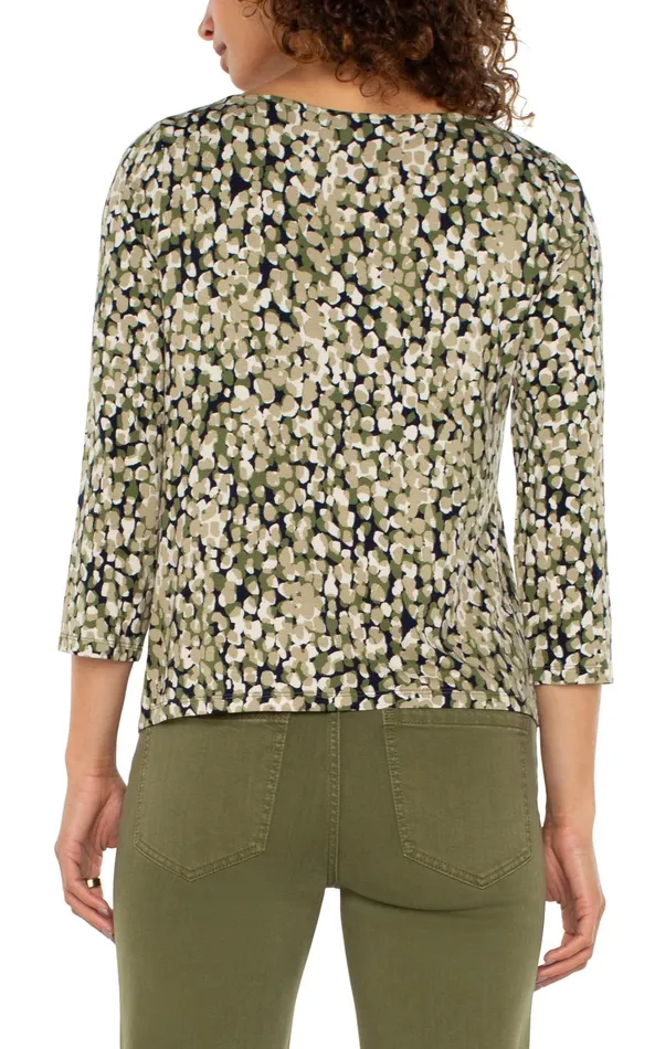Womens Liverpool Los Angeles Tees 34 SLEEVE DRAPED NECK KNIT TOP Olive Camo Dot