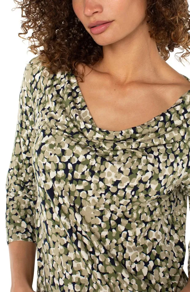 Womens Liverpool Los Angeles Tees 34 SLEEVE DRAPED NECK KNIT TOP Olive Camo Dot