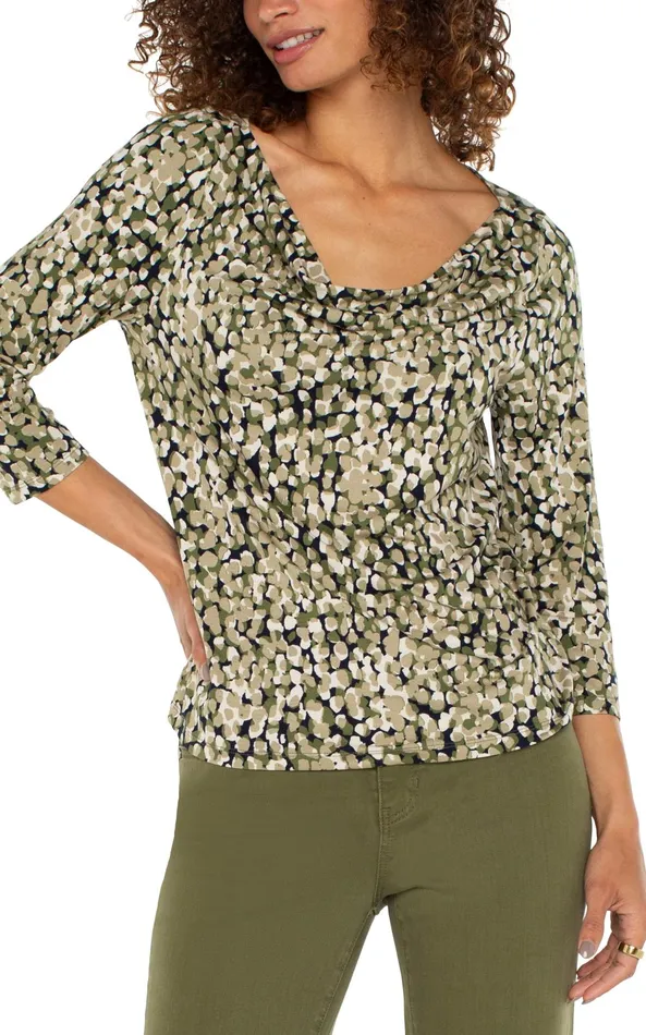 Womens Liverpool Los Angeles Tees 34 SLEEVE DRAPED NECK KNIT TOP Olive Camo Dot