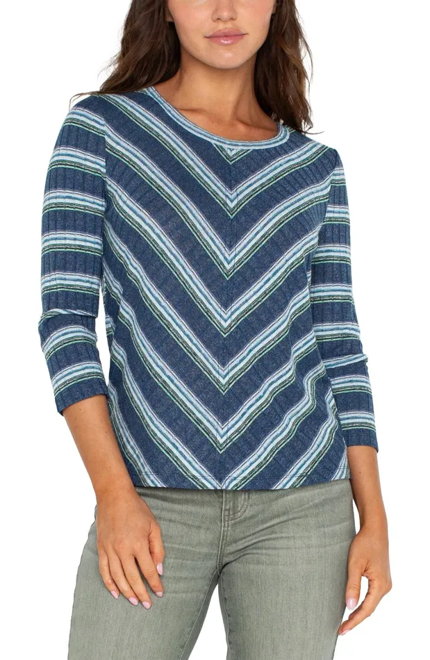 Womens Liverpool Los Angeles Tees 34 SLEEVE SCOOP NECK KNIT TOP Blue Teal Multistripe Womens Liverpool Los Angeles Tees 34 SLEEVE SCOOP NECK KNIT TOP Blue Teal Multistripe
