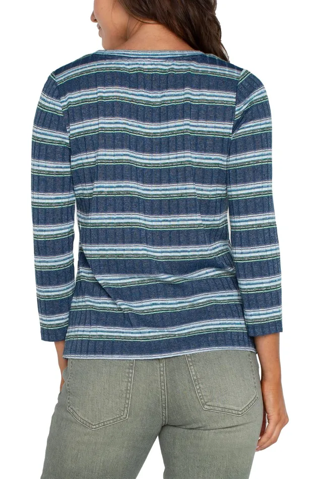 Womens Liverpool Los Angeles Tees 34 SLEEVE SCOOP NECK KNIT TOP Blue Teal Multistripe