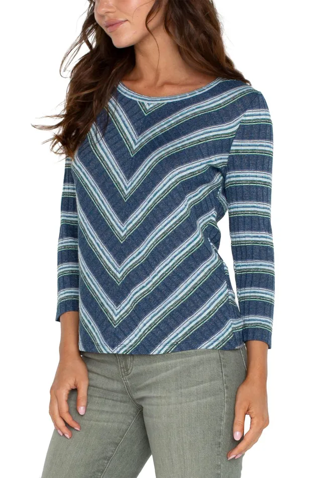 Womens Liverpool Los Angeles Tees 34 SLEEVE SCOOP NECK KNIT TOP Blue Teal Multistripe