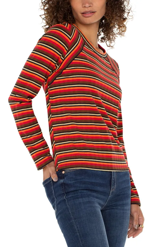 Womens Liverpool Los Angeles Tees CREW NECK LONG SLEEVE KNIT TOP Burnt Orange Multi Stripe