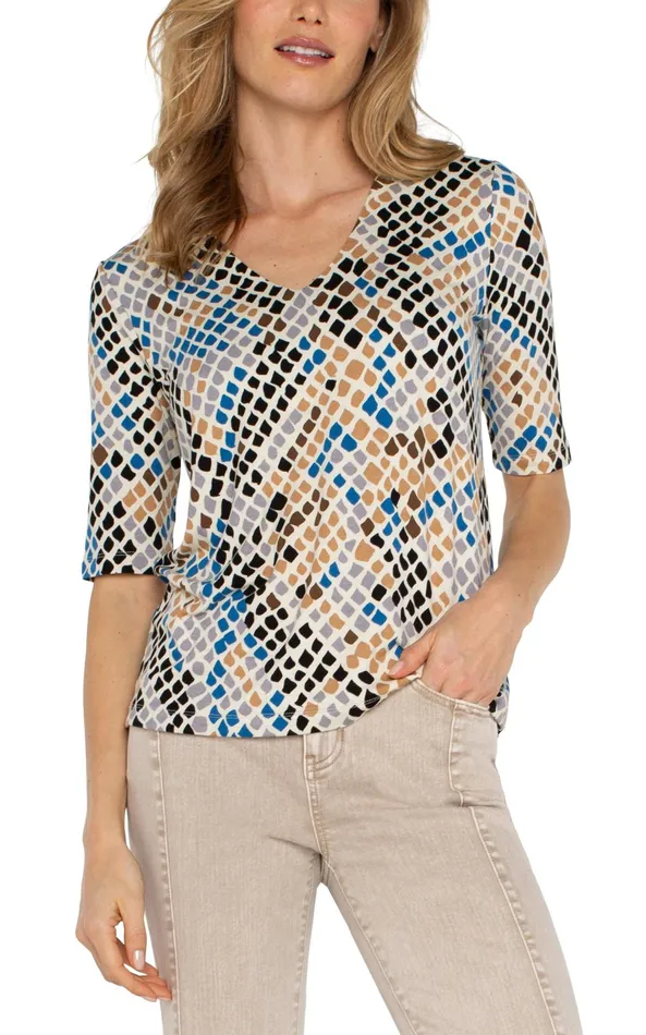 Womens Liverpool Los Angeles Tees DOUBLE LAYER VNECK RIB KNIT TOP Lapis Snake Multi