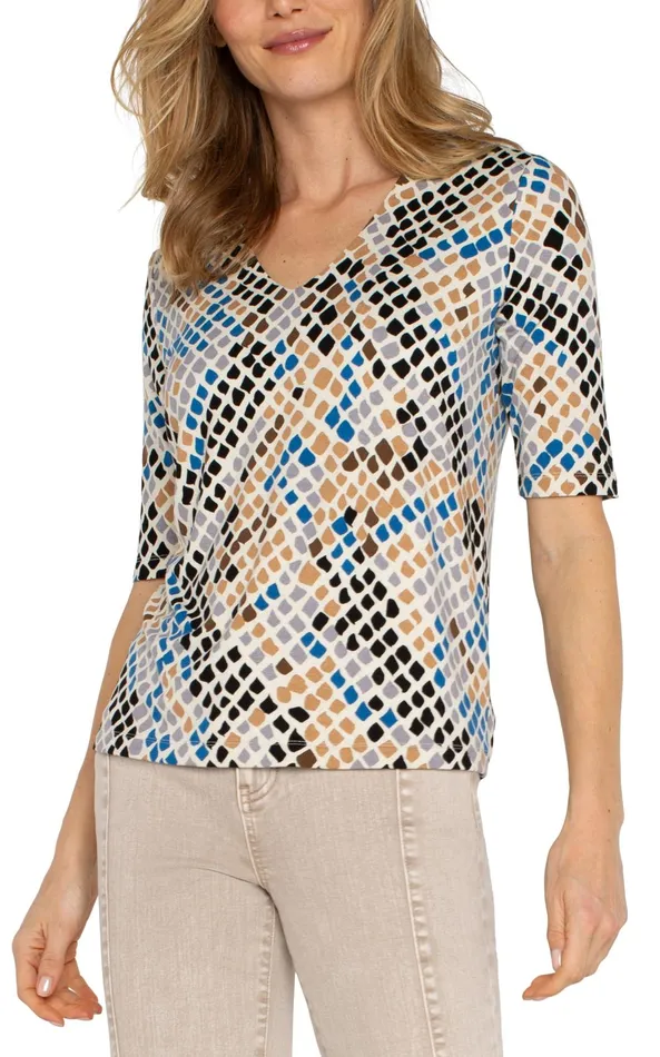 Womens Liverpool Los Angeles Tees DOUBLE LAYER VNECK RIB KNIT TOP Lapis Snake Multi