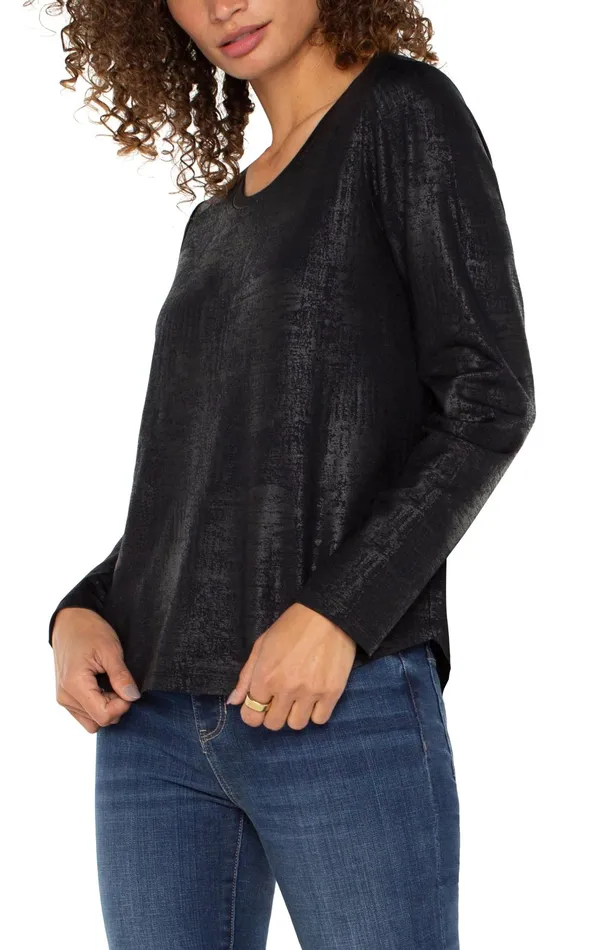 Womens Liverpool Los Angeles Tees LONG SLEEVE SCOOP NECK KNIT TOP Distressed Black
