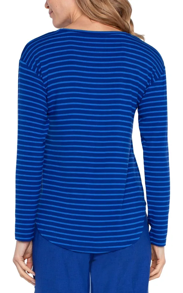 Womens Liverpool Los Angeles Tees LONG SLEEVE SCOOP NECK TOP Blue Topaz Stripe
