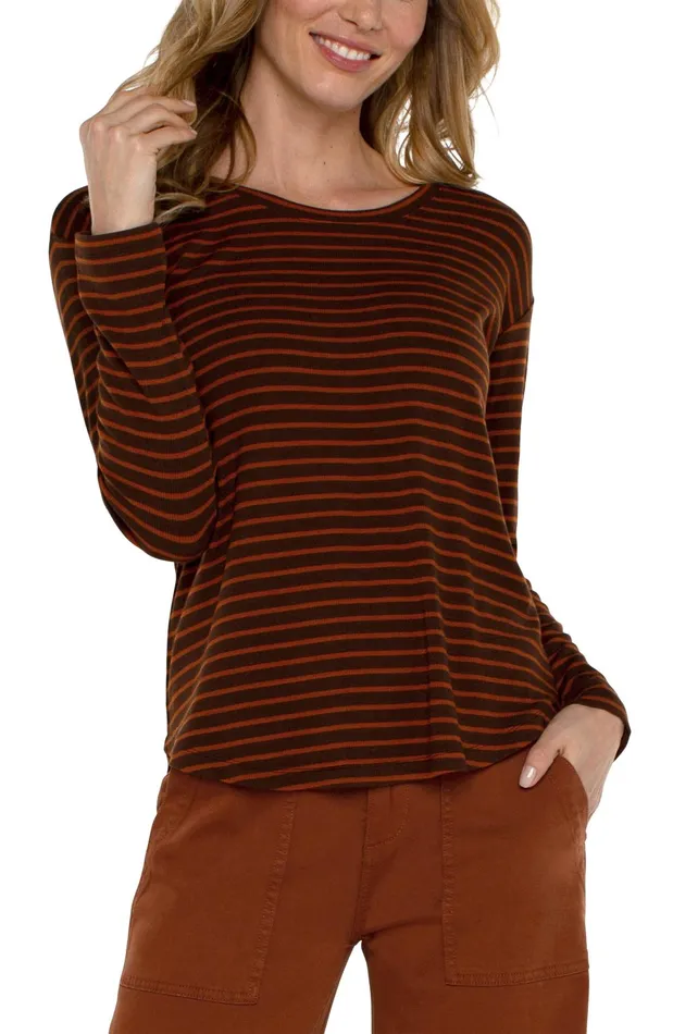 Womens Liverpool Los Angeles Tees LONG SLEEVE SCOOP NECK TOP Turmeric Stripe