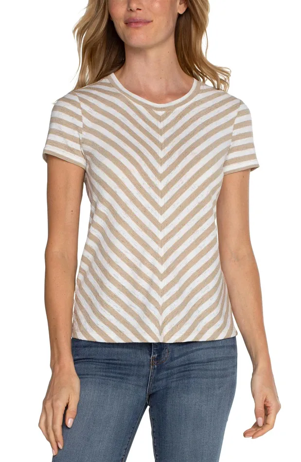 Womens Liverpool Los Angeles Tees SHORT SLEEVE KNIT TOP WITH MITER Cream Tan Stripe Womens Liverpool Los Angeles Tees SHORT SLEEVE KNIT TOP WITH MITER Cream Tan Stripe