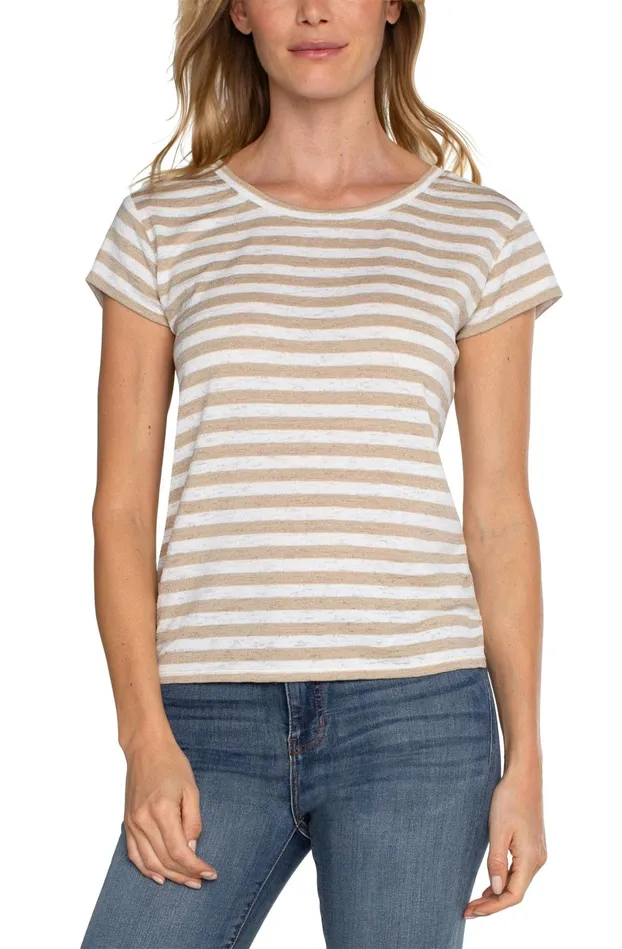 Womens Liverpool Los Angeles Tees SHORT SLEEVES CREW NECK WITH DROP SHOULDER Cream With Tan Stripes Womens Liverpool Los Angeles Tees SHORT SLEEVES CREW NECK WITH DROP SHOULDER Cream With Tan Stripes