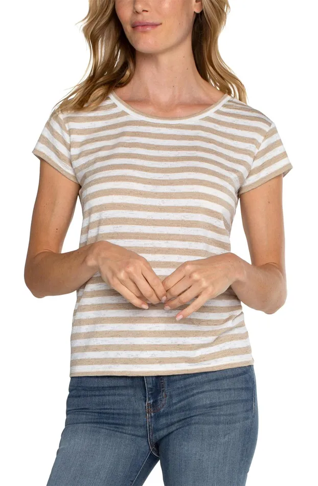 Womens Liverpool Los Angeles Tees SHORT SLEEVES CREW NECK WITH DROP SHOULDER Cream With Tan Stripes