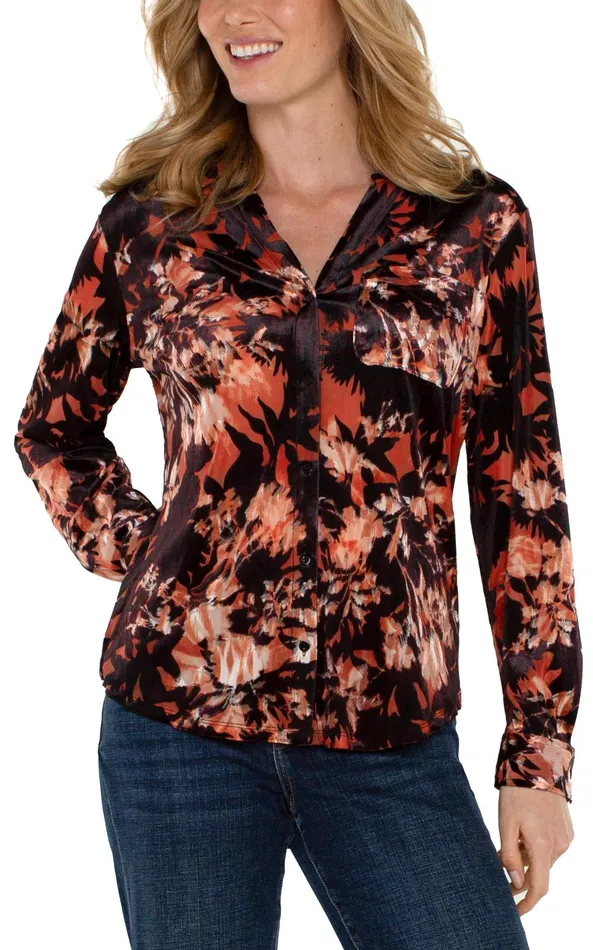 Womens Liverpool Los Angeles Tops LONG SLEEVE BUTTON FRONT KNIT SHIRT Fire Opal Burntout Womens Liverpool Los Angeles Tops LONG SLEEVE BUTTON FRONT KNIT SHIRT Fire Opal Burntout